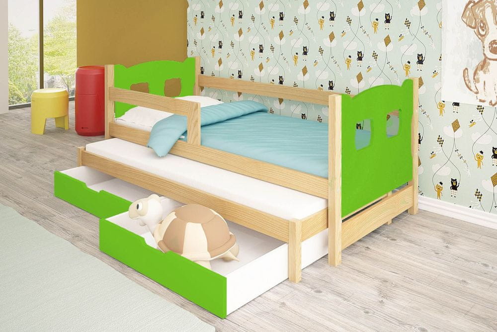 Veneti Detská posteľ s prístelkou KALA 1 - 75x180, borovica / zelená